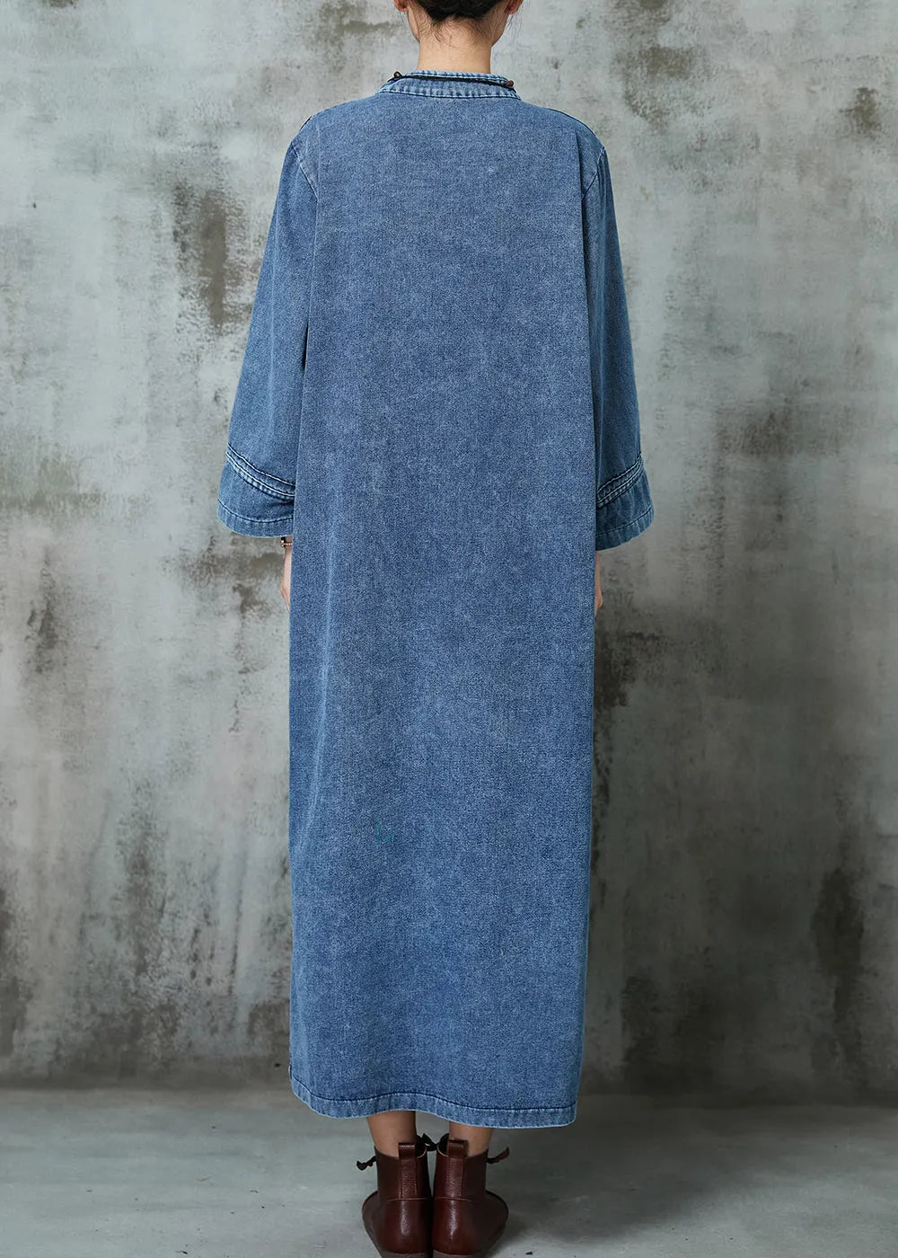 Blue Mandarin Collar Chinese Button Denim Dresses Spring