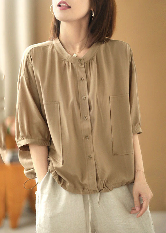 Khaki Stand Collar Drawstring Button Silk Shirt Top Bracelet Sleeve