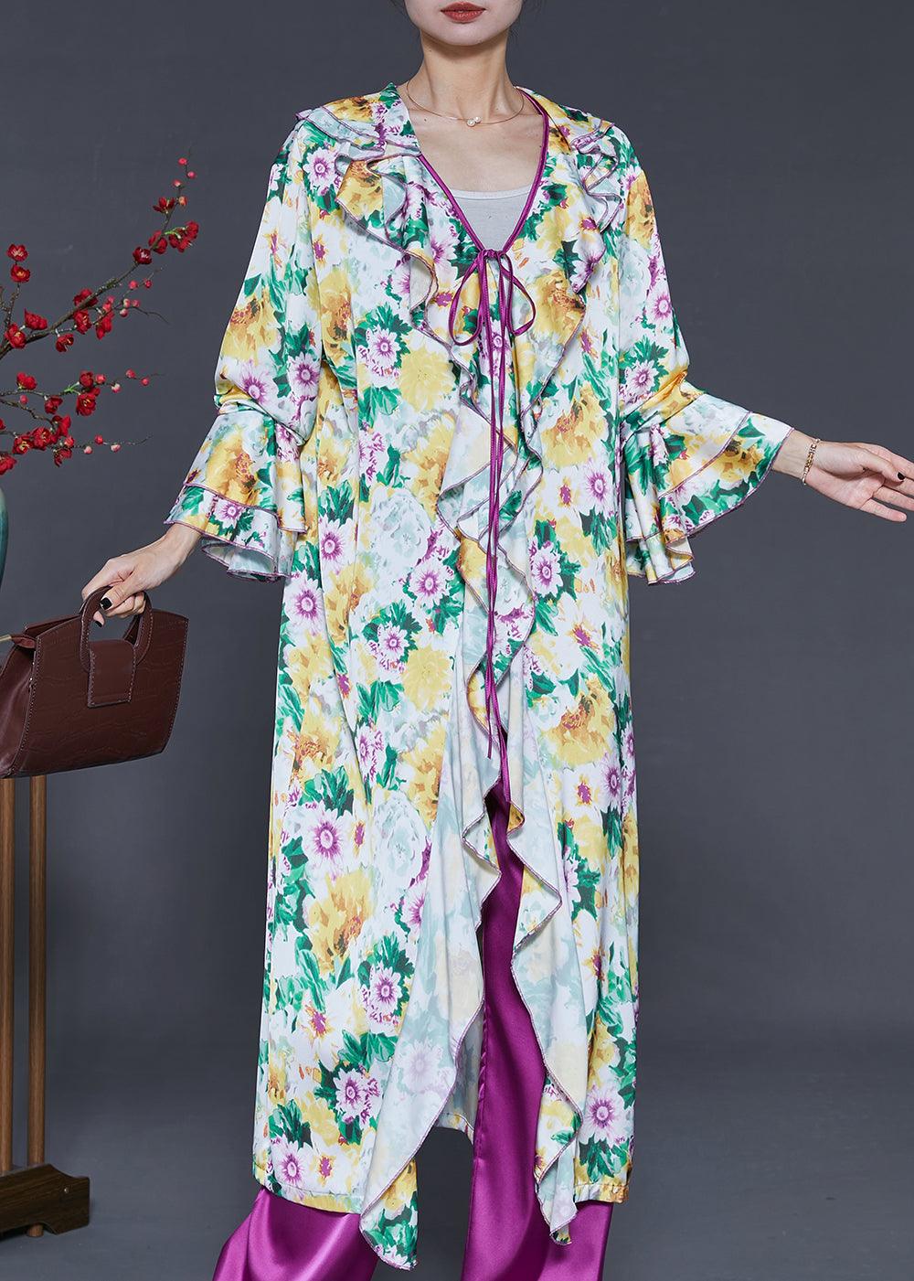 Ruffles Print Silk Two Piece Set Flare Sleeve