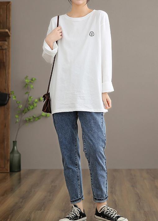O Neck Linen Spring Blouse Fabrics White Smiling Face Blouse
