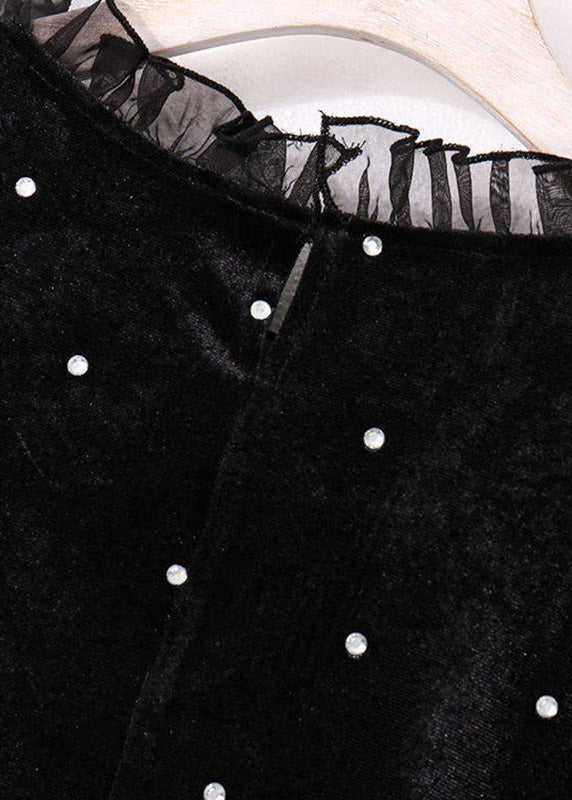 Vogue Black Turtleneck Nail Bead Silk Velvet Maxi Dress Spring