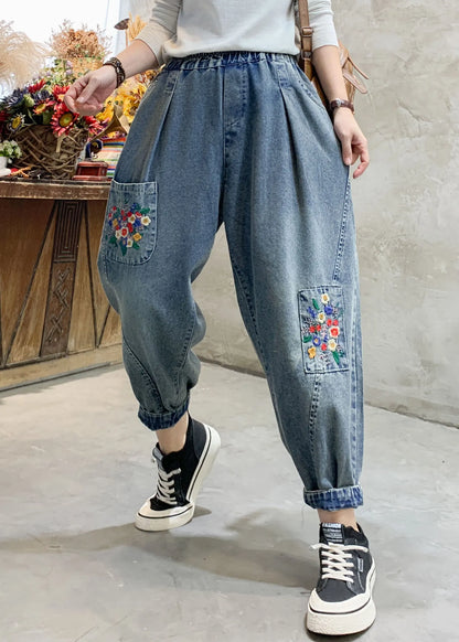 Denim Blue Embroideried Elastic Waist Pockets Cotton Harem Pants Summer
