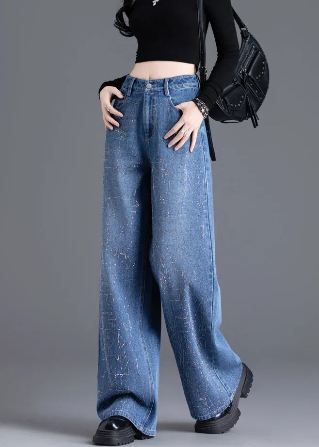 New Blue Pockets Zircon Denim Wide Leg Pants Spring