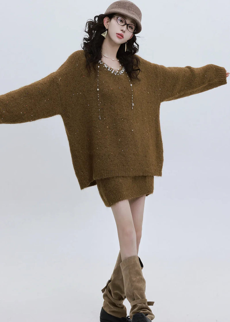 Modern Brown Sequins Rhinestone Knit Two Piece Set Outfits Winter