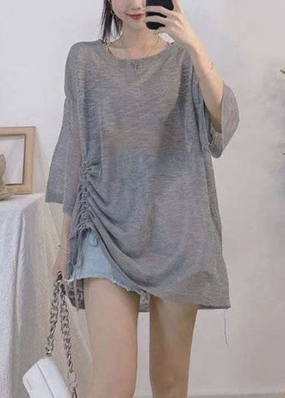 Light Grey O Neck Lace Up Ice Silk Knit T Shirt Summer