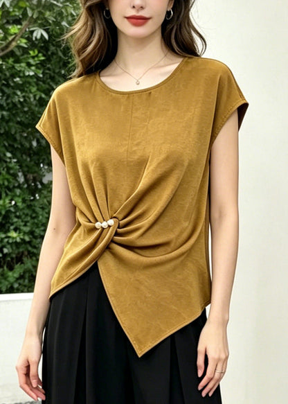 Khaki Asymmetrical Cotton Silk Two Piece Set Clothing Summer