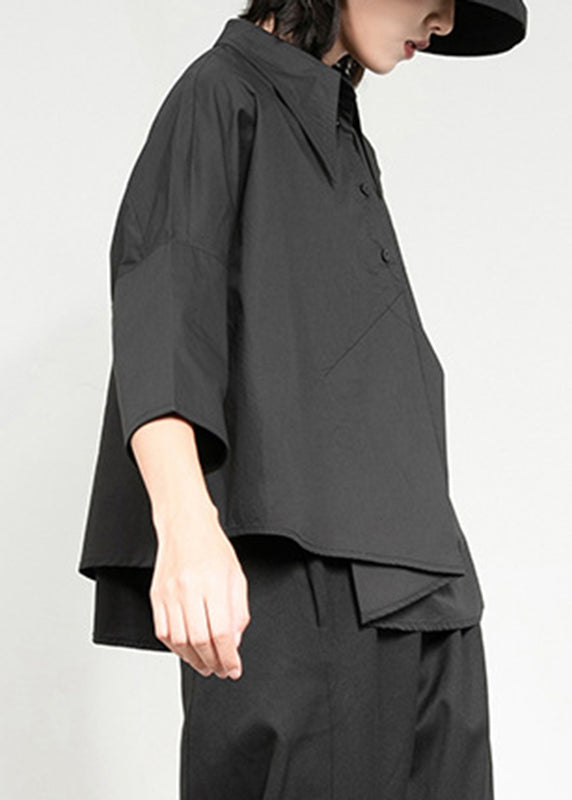 Black Peter Pan Collar Asymmetrical Patchwork Button Pockets Shirt Long Sleeve