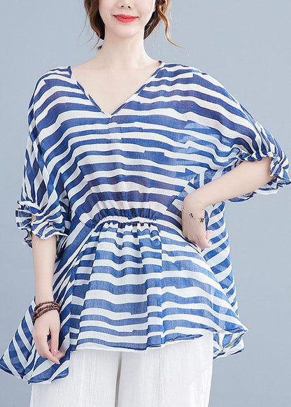 Diy Blue Loose Flare Sleeve V Neck Summer Shirts