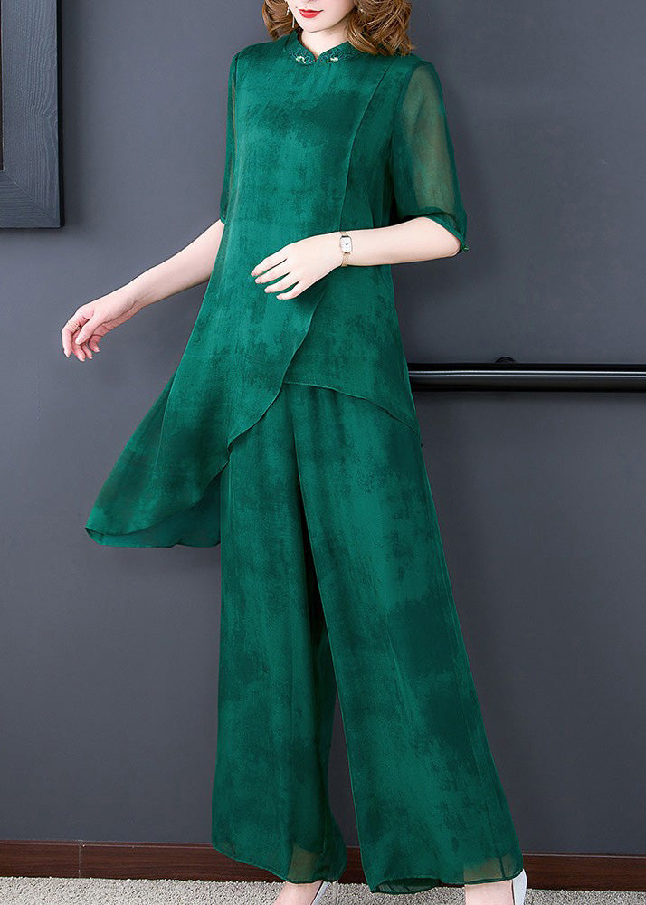 Unique Green Stand Collar Asymmetrical Silk Top and Wide Leg Pants Two Pieces Set Summer