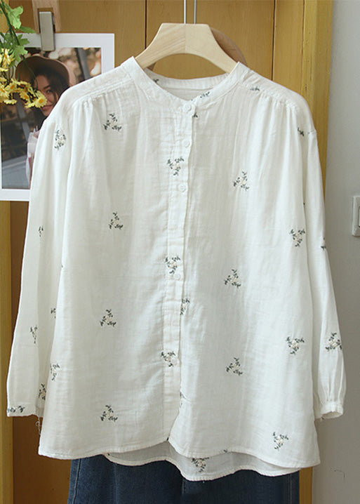 Orange Embroideried Button Cotton Blouse Long Sleeve