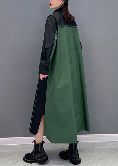 Stylish Black Peter Pan Collar Patchwork Side Open Cotton Shirt Dress Spring