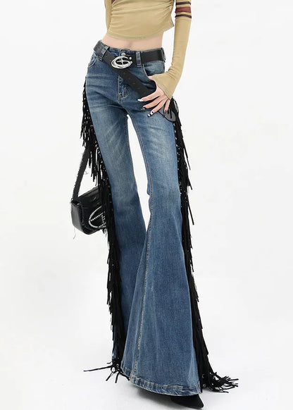 American Style Blue Tassel Denim Flared Trousers Fall