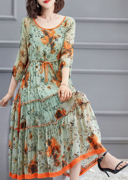 Light Green O-neck Tie Waist Wrinkled Silk Dress Spring