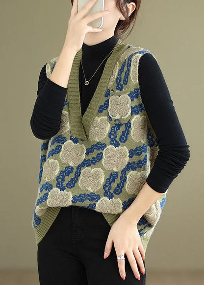 Green V Neck Patchwork Cozy Knit Waistcoat Sleeveless