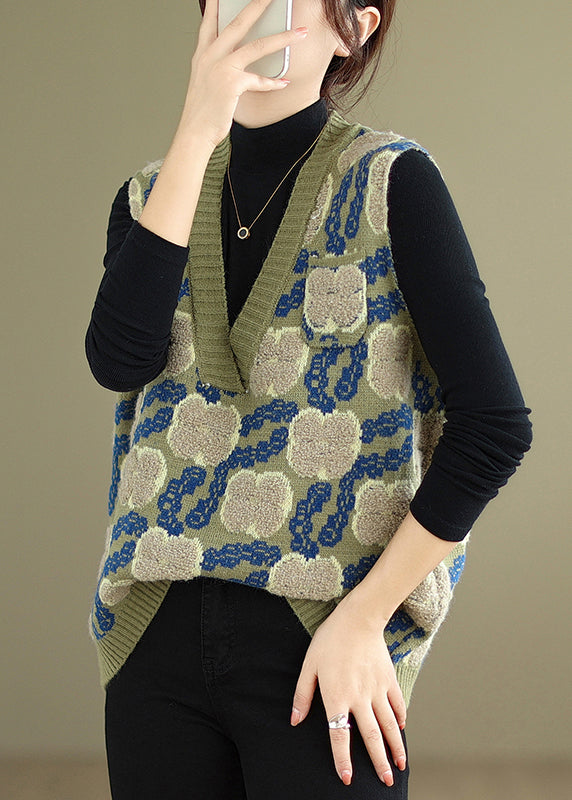 Green V Neck Patchwork Cozy Knit Waistcoat Sleeveless