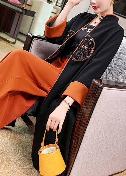 Black Stand Collar Embroideried Patchwork Cotton Two Piece Set Outfits Fall