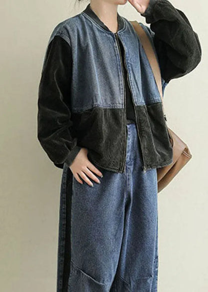 Black Pockets Corduroy Patchwork Denim Jackets Spring