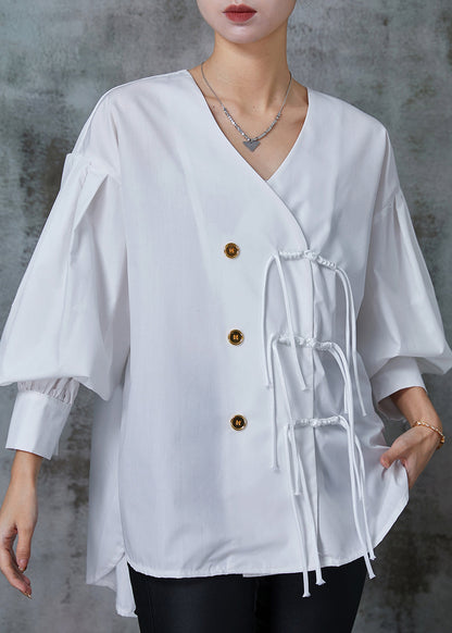 White Tasseled Cotton Oriental Shirt Tops Spring