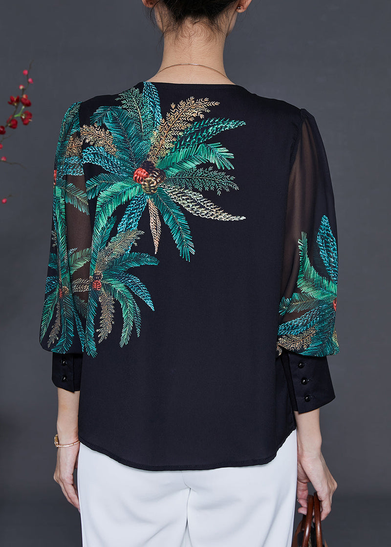 Black V Neck Leaf Print Chiffon Blouses Summer
