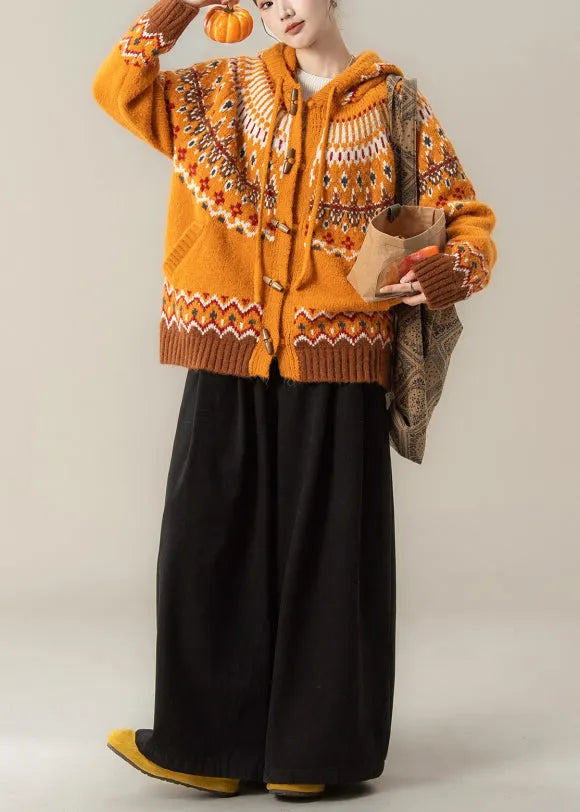 Stylish Orange Jacquard Hooded Knit Coat and Wide Leg Pants Two Pieces Set Spring