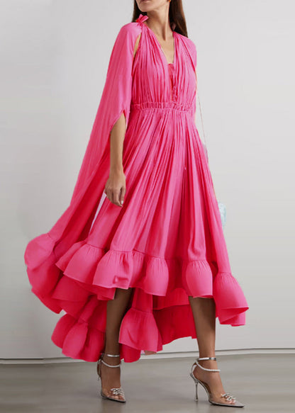 Apricot Ruffled Lace Up Cotton Party Dresses Batwing Sleeve