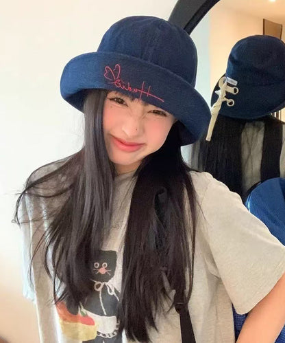 Japanese Style Navy Denim Embroidered Bucket Hat