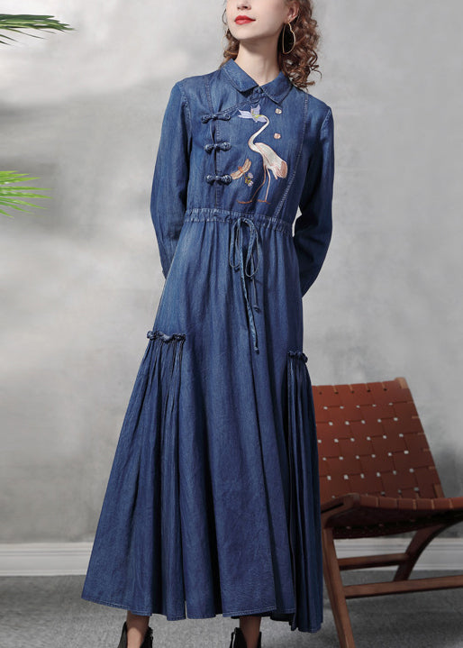 Blue Drawstring Wrinkled Peter Pan Collar Embroideried Patchwork Cotton Maxi Dresses Long Sleeve