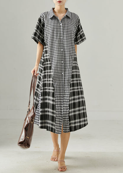 Grey Oversized Patchwork Plaid Linen Robe Dresses Summer