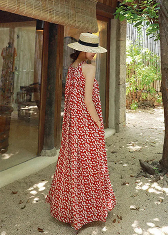 Red Colour O-neck Print Pockets Chiffon Jumpsuits Pants Summer