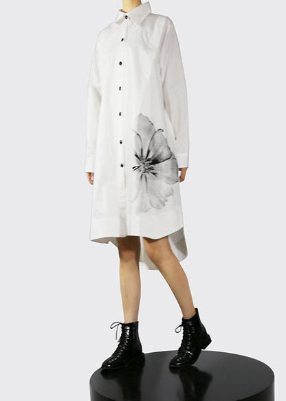 White Loose Shirt Dresses Low High Design Long Sleeve