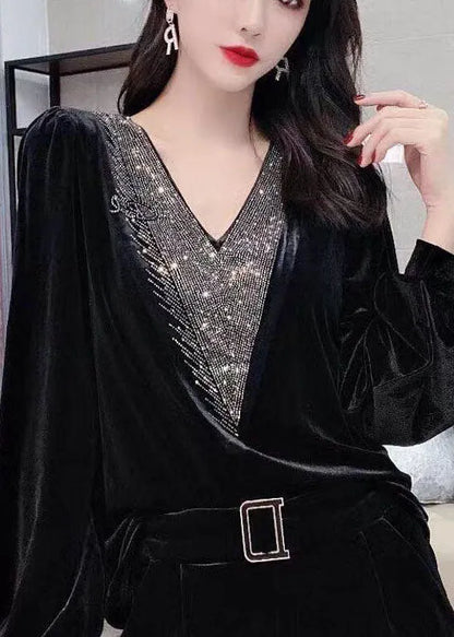 Black V Neck Sequins Silk Velour Top Long Sleeve