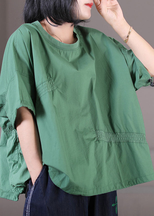Green Cotton Loose Sweatshirt Top Asymmetrical Design Elastic Wrinkled Short Sleeve