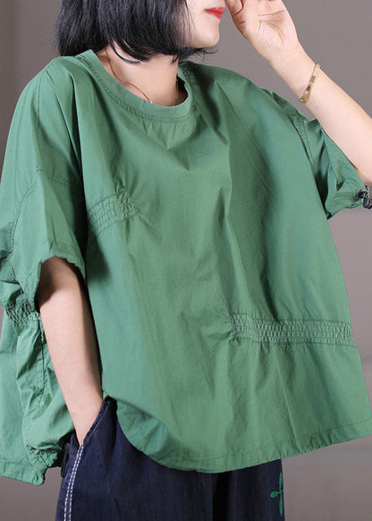Green Cotton Loose Sweatshirt Top Asymmetrical Design Elastic Wrinkled Short Sleeve