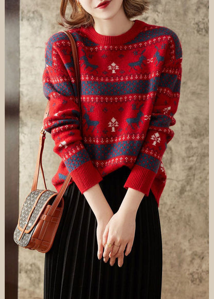 Red O-neck Brief Loose Fall Sweater