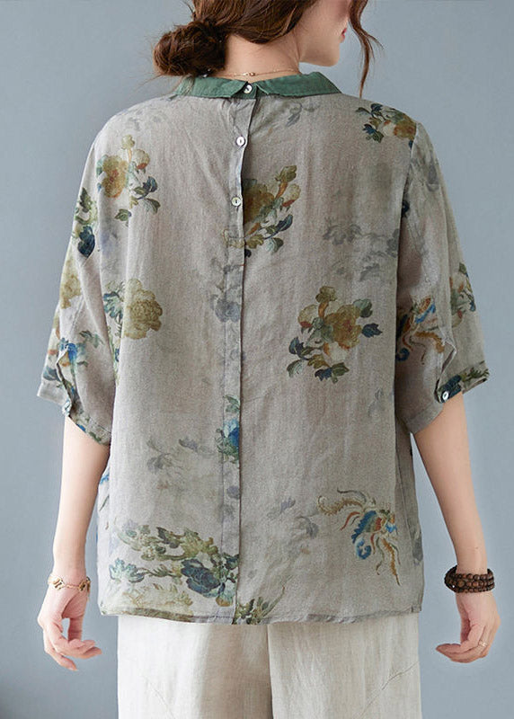 Greyish Green Peter Pan Collar Button Shirts Half Sleeve