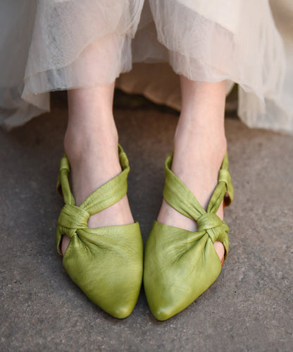 Green Cowhide Leather Hollow Out Flat Sandals Pointed Toe