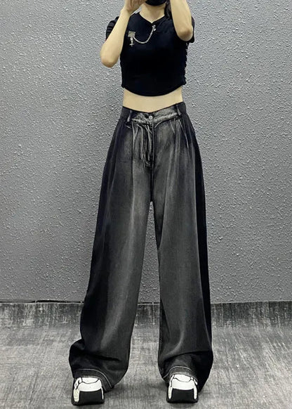 Black Grey Pockets Patchwork Denim Wide Leg Pants Fall