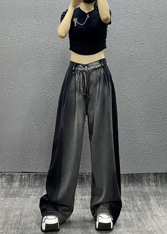 Black Grey Pockets Patchwork Denim Wide Leg Pants Fall