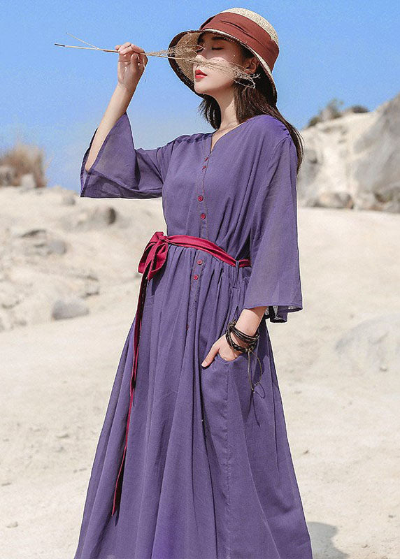 Loose Purple Cinched Button Cotton Dresses Three Quarter Sleeve