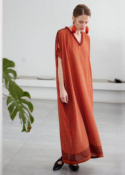 Orange V Neck Print Chiffon Vacation Robe Dresses Summer
