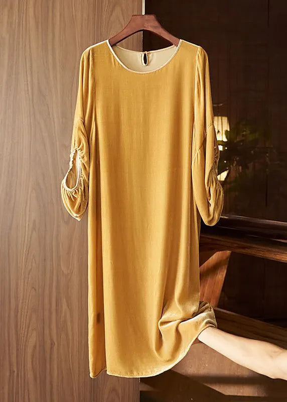New Khaki O Neck Patchwork Velour Dress Lantern Sleeve