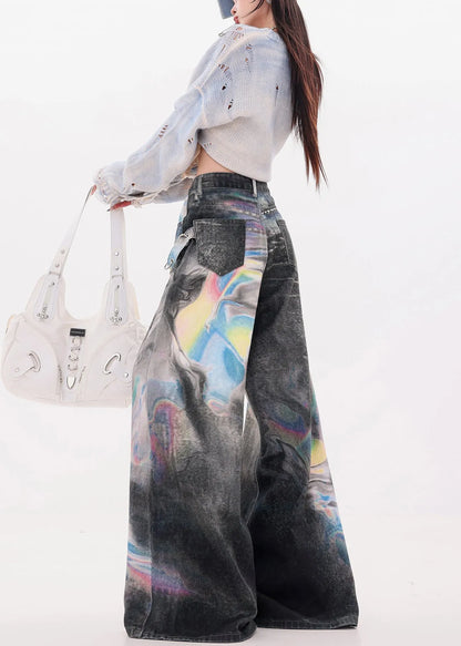 Black Oversized Tie Dye Denim Wide Leg Pants Fall