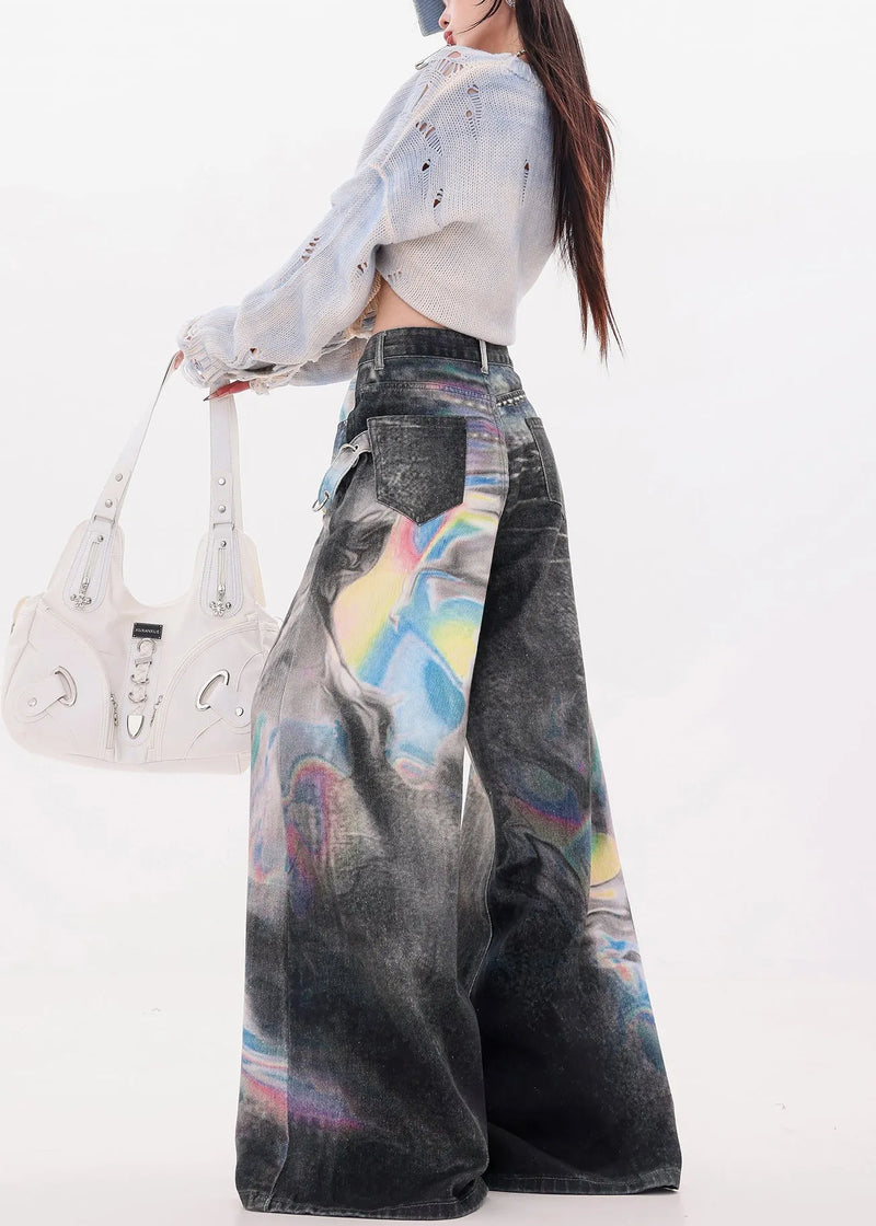Black Oversized Tie Dye Denim Wide Leg Pants Fall