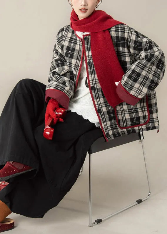Plaid Black O Neck Pockets Coat and Pants Cotton Filled Two Pieces Set Winter
