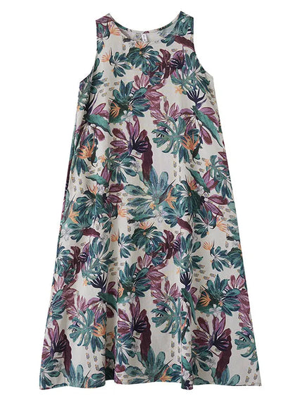 Print Exra Large Hem Cotton Loose Dress Sleeveless