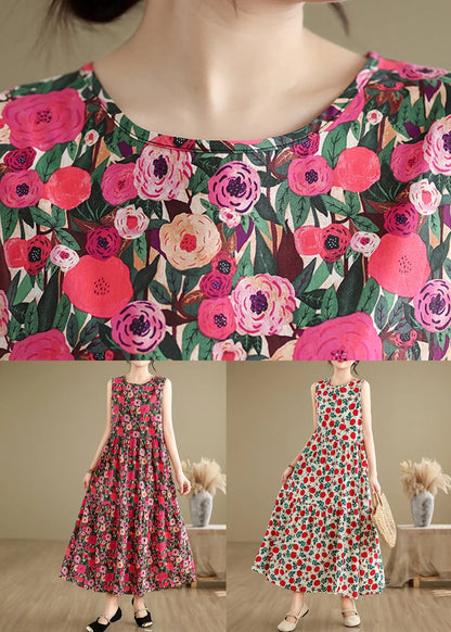 Beige O Neck Print Cotton Long Dresses Sleeveless
