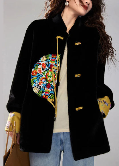 Black Embroidered Tasseled Faux Mink Velvet Coats Winter