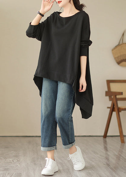 Black O Neck Low High Design Cotton Tops Spring