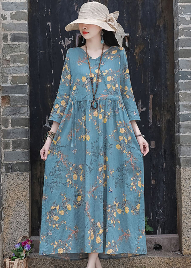 Blue Print Cotton Linen Holiday Dress Drawstring Exra Large Hem Bracelet Sleeve Summer