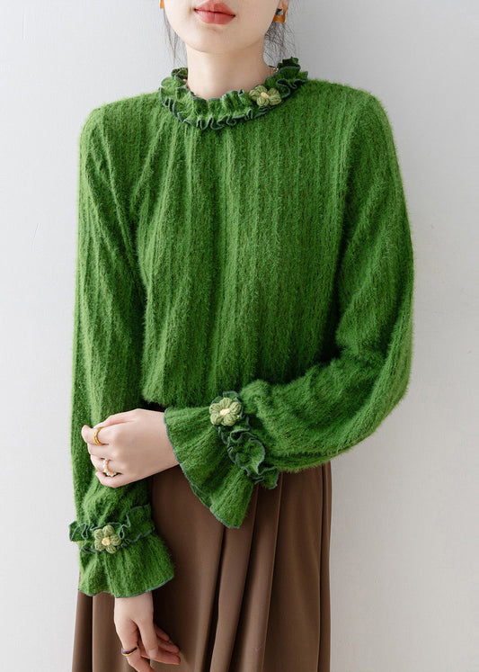 Unique Tea Green Ruffled Knit Top Flare Sleeve